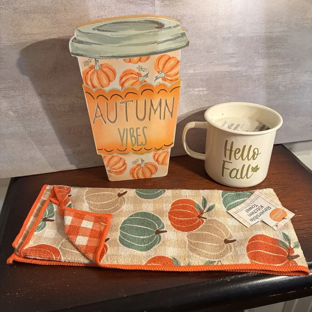 Set Of Fall Decoration. Wooden cup AUTUMN VIBES, Candle In Mug, Dish Towels NEW